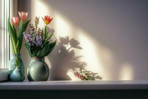 AI generated a window sill with vases of tulips and hyacinths photo