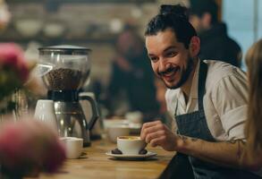 ai generado un sonriente café empleado sirve café en frente de el clientes foto