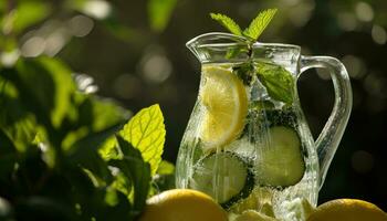 AI generated a pitcher of water with lemons, mint and cucumber photo