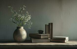 AI generated a vase, books and flowers on an empty wooden table photo