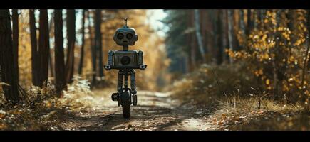 AI generated a robot driving a bicycle through the wooded area photo