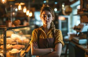 AI generated a very attractive woman in a bakery standing with her arms crossed photo