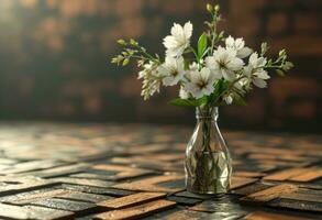 AI generated a vase, books and flowers on an empty wooden table photo