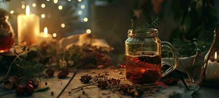 AI generated a jar with spiced tea near some candle and decorations photo