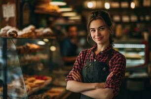 AI generated a very attractive woman in a bakery standing with her arms crossed photo