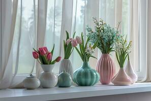 AI generated a window sill with vases of tulips and hyacinths photo