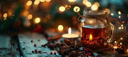 AI generated a jar with spiced tea near some candle and decorations photo