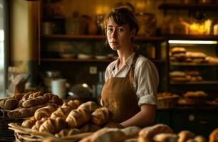 AI generated a woman is in front of a counter full of breads photo