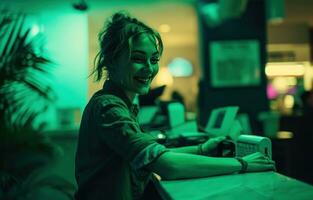 AI generated a woman smiles as she runs over to the register photo
