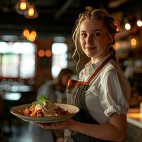 AI generated a young waitress holds a plate full of food as she carries patrons to their table photo