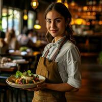 ai generado un joven camarera sostiene un plato lleno de comida como ella lleva mecenas a su mesa foto