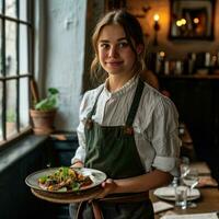 AI generated a young waitress holds a plate full of food as she carries patrons to their table photo