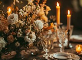 ai generado un elegante mesa conjunto con blanco flores y velas sentado siguiente a el vaso foto