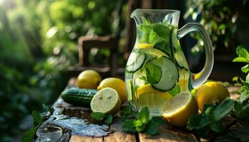 AI generated a pitcher of water with lemons, mint and cucumber photo