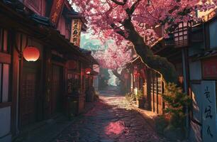 AI generated an alley in an asian town filled with pink blossoms photo