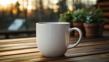 ai generado Fresco café taza en de madera mesa en al aire libre naturaleza antecedentes generado por ai foto