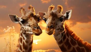 AI generated Giraffe and sunset in Africa, nature beauty in wildlife generated by AI photo