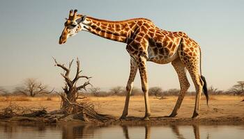 ai generado jirafa en pie en el africano sabana, mirando a cámara generado por ai foto