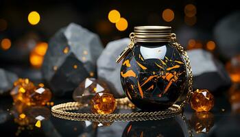 AI generated Glowing gemstone illuminates spooky night, reflecting Halloween decorations generated by AI photo