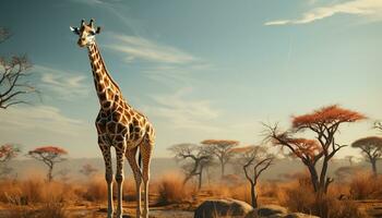 AI generated Giraffe standing in the African savannah, surrounded by wildlife generated by AI photo