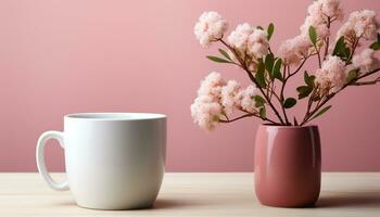 AI generated Fresh pink flowers in a vase on a wooden table generated by AI photo