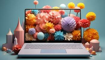 AI generated Modern laptop on wooden desk with flower decoration and wireless internet generated by AI photo