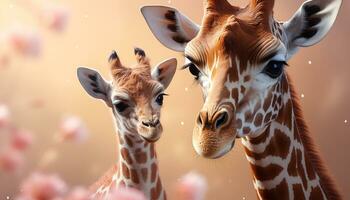 AI generated Cute giraffe looking at camera in African savannah generated by AI photo