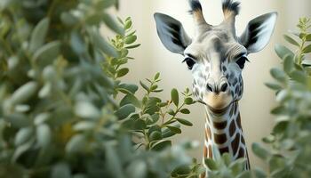 AI generated Giraffe looking cute, standing in green grass, elegant and majestic generated by AI photo