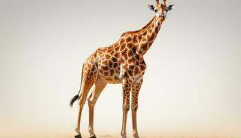 AI generated Giraffe standing in African savannah, looking at camera with beauty generated by AI photo