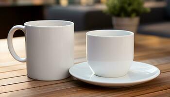 AI generated Empty coffee cup on wooden table, reflecting modern elegance generated by AI photo