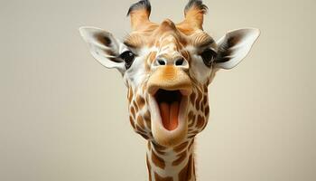 AI generated Cute giraffe looking at camera, nature striped cartoon beauty generated by AI photo