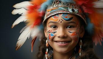 ai generado sonriente niña en vistoso disfraz exuda felicidad y confianza generado por ai foto