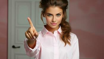AI generated Young adult Caucasian woman, smiling, looking at camera, pointing confidently generated by AI photo