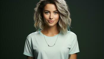 AI generated Beautiful woman with blond hair, smiling confidently, standing in studio generated by AI photo