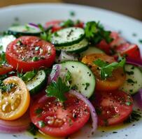 AI generated a simple salad, with olive oil, tomatoes and cucumbers photo