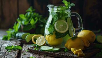 AI generated a pitcher of water with lemons, mint and cucumber photo