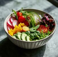 AI generated a white bowl filled with a bowl of vegetables photo