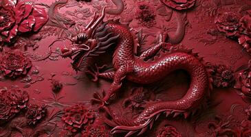 AI generated a red dragon art print is on the background of a red patterned red background photo
