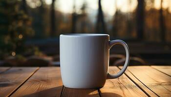 AI generated Coffee cup on wooden table in outdoor nature setting generated by AI photo