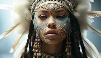 ai generado uno hermosa mujer, representando indígena culturas, mirando a cámara generado por ai foto