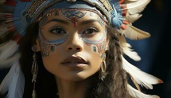 ai generado uno hermosa mujer, indígena cultura, pluma, sonriente, mirando a cámara generado por ai foto