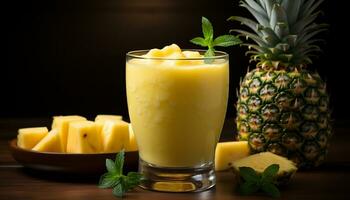 AI generated Fresh pineapple cocktail on wooden table, a healthy summer refreshment generated by AI photo