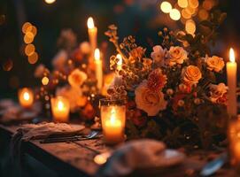AI generated an elegant table full of flowers and candles photo