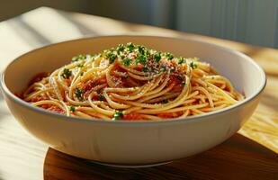 AI generated an empty white bowl containing spaghetti smothered in sauce and herbs photo