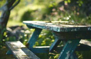 AI generated an old picnic table is set outside photo