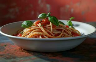 AI generated an empty white bowl containing spaghetti smothered in sauce and herbs photo