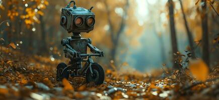 ai generado un antiguo robot en un bicicleta en el bosque foto