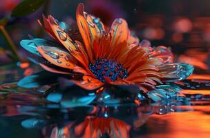 AI generated an orange and blue flower sitting on water with drops photo