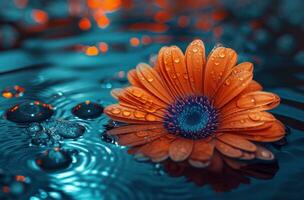 AI generated an orange and blue flower sitting on water with drops photo