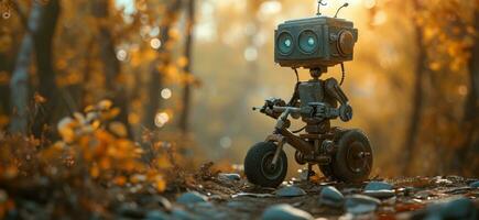 AI generated an old robot on a bicycle in the forest photo